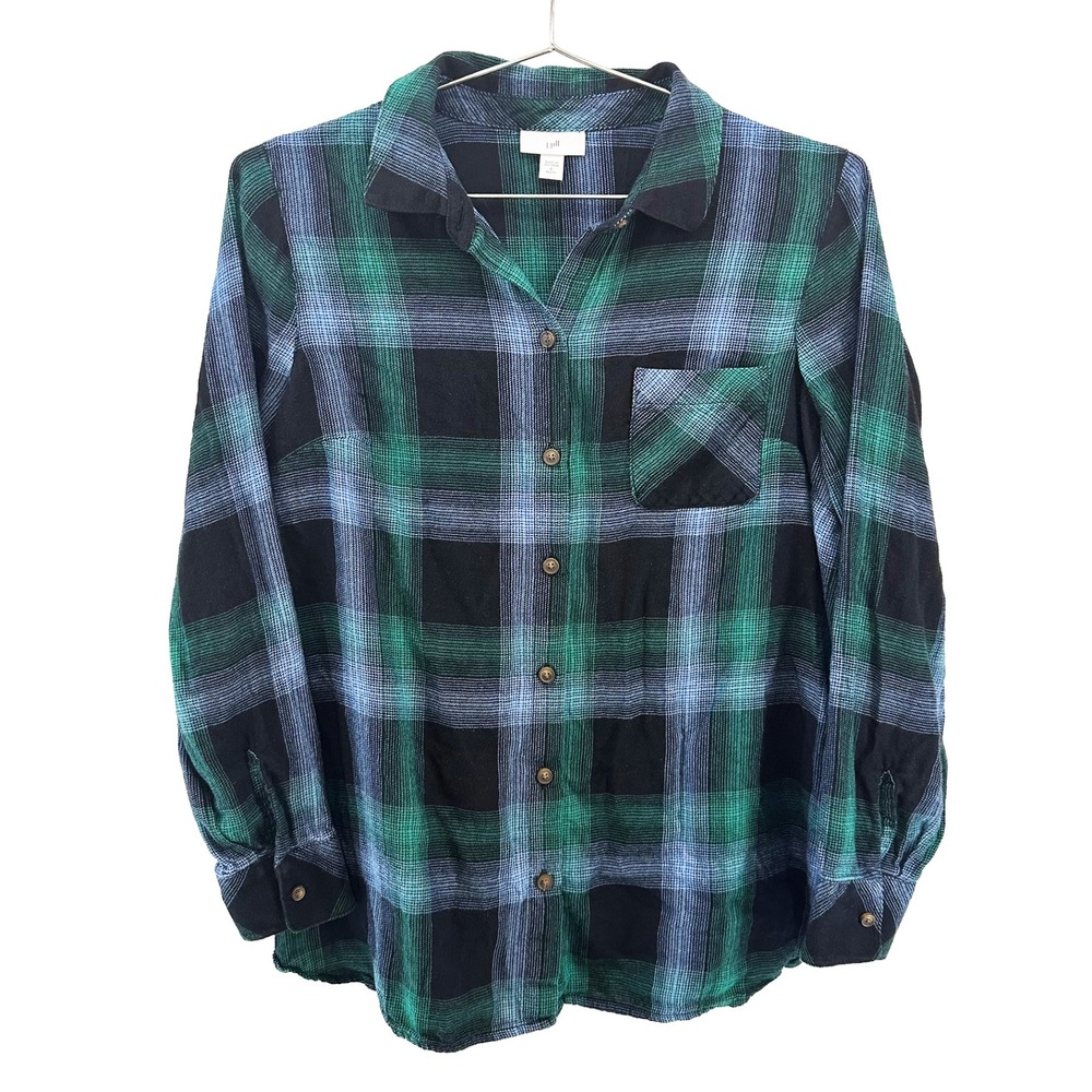 J. JILL Cotton Tencel‎ Plaid Flannel Button Up • Small Petite • black blue green